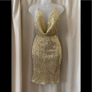 Gold open back drape sequin dress